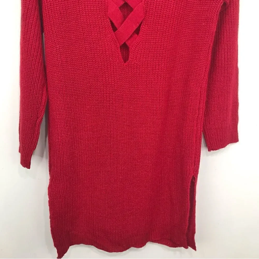 Ambiance Apparel Red Criss Cross Back Tunic Sweater NEW